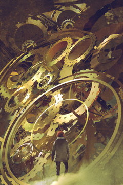 man standing in front of the big golden clockwork, digital art style, illustration painting