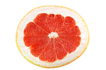 Cross section of red grapefruit slice isolated on white background