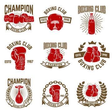 Set of boxing club emblems. boxing gloves.