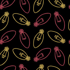 Hand drawn seamless pattern with light bulb, heart. Light bulb lamp icon.