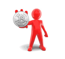 Silver bitcoin and man. Image with clipping path