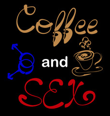 Coffee plus seх. Lettering, a print with a slogan, a cup, a symbolic designation of male same-sex relationships