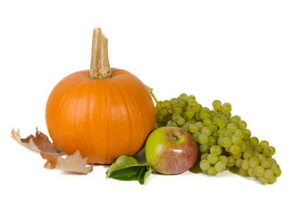 Pumpkin, apple and grapes