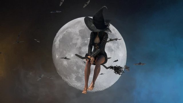3D render of beautiful witch woman flying on a broom Halloween