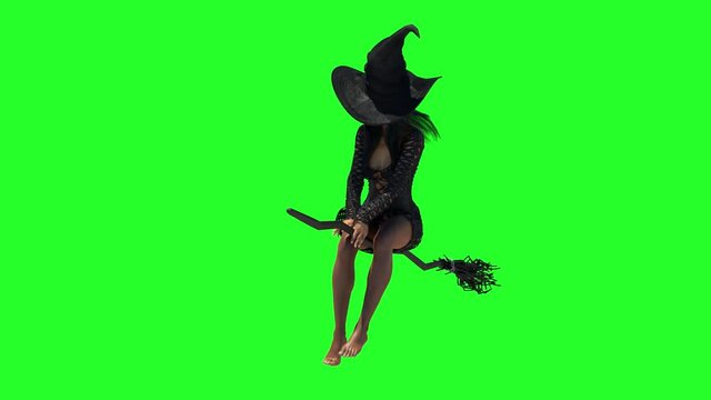 3D render of beautiful witch woman flying on a broom Halloween on a green background