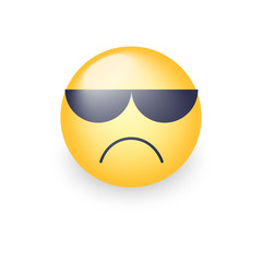 Angry emoji face with sunglasses. Cute sad emoticon wearing black sunglasses.