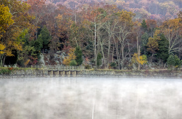 Colorful Autumn Foliage Reflected on Foggy Morning