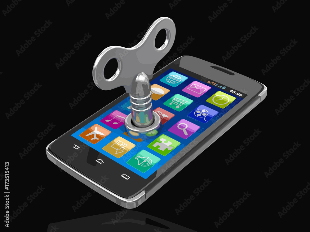 Poster touchscreen smartphone with winding key. image with clipping path.