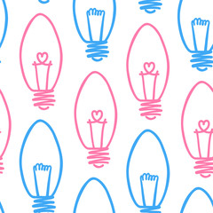 Hand drawn seamless pattern with light bulb, heart. Light bulb lamp icon.