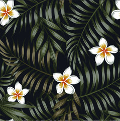 Night background of tropical leaves and flowers seamless pattern