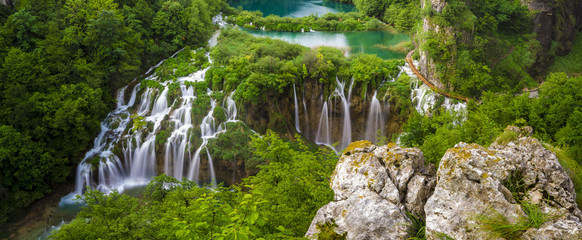 Waterfalls in National Park Plitvice Lakes,sunrise over waterfal