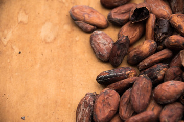 Roasted Cocoa Beans on a Wooden Table 