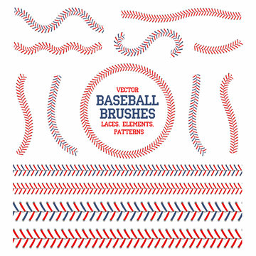 Baseball laces set. Baseball seam brushes. Red and blue stitches, laces for baseball ball decoration