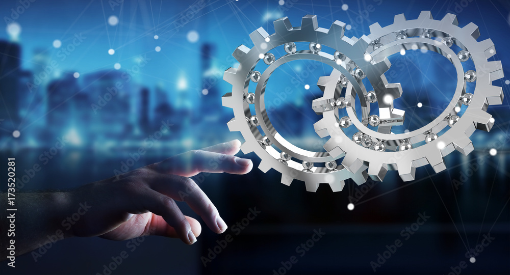 Poster businessman using floating modern gear mechanism 3d rendering