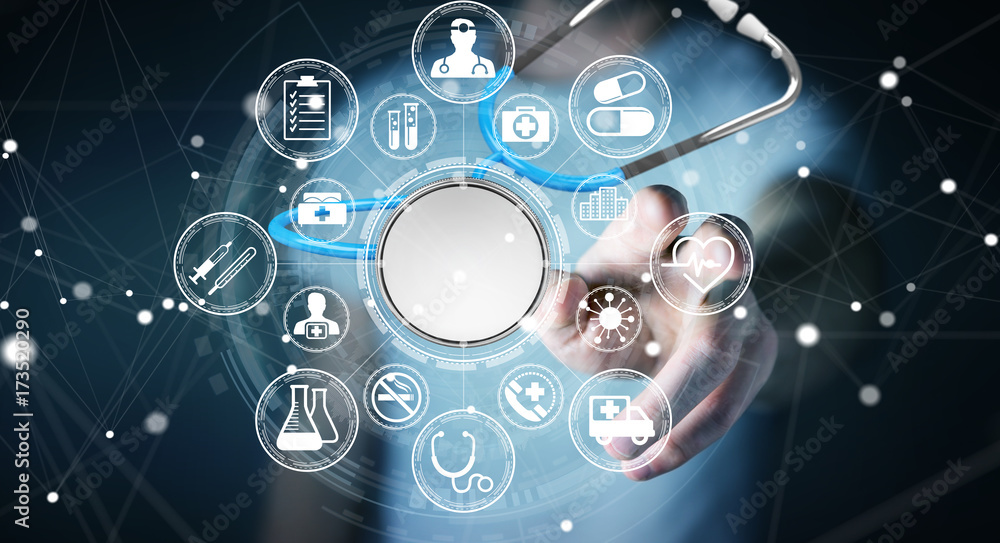 Aufkleber businessman holding and touching floating stethoscope 3d rendering