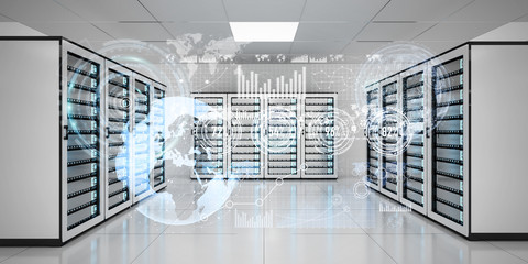 Graph holograms flying over server room data center 3D rendering