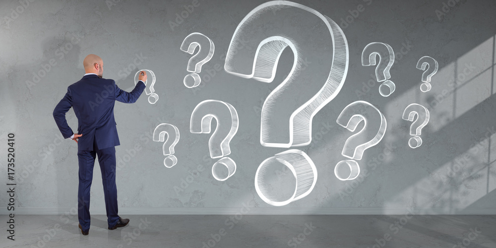 Poster businessman drawing question marks sketch on a wall 3d rendering