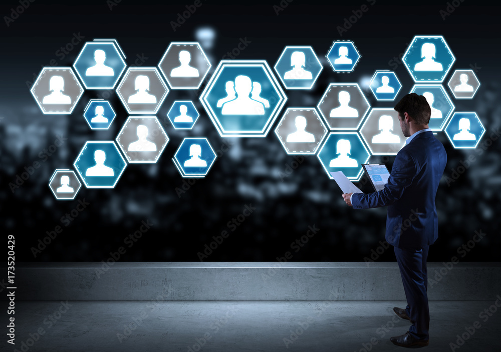 Poster businessman watching social network interface on a rooftop 3d rendering