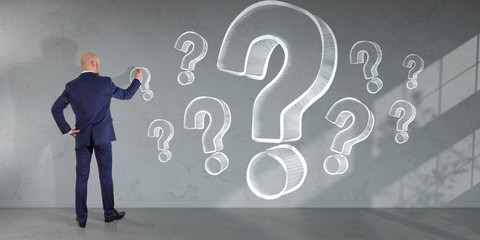 Businessman drawing question marks sketch on a wall 3D rendering