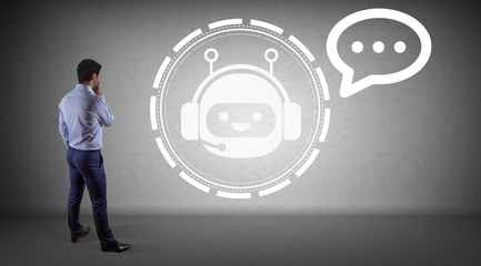 Businessman watching chatbot application on a wall 3D rendering