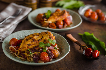 Grilled chicken steak with roasted vegetable