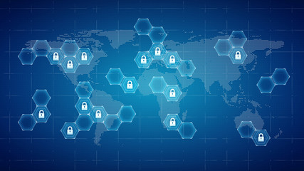 Techology world map and padlocks icons -Technology security concept background. 3d rendering