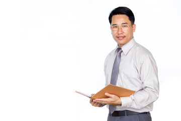 Business man holding a book on solid white clear background.