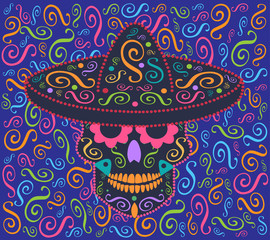 Mexican Skull vector icon ornament with flower eyes and sombrero