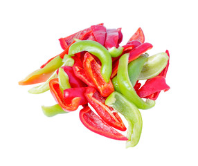 sliced red and green bell pepper isolated on white background, top view closeup