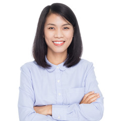 Portrait of a beautiful  asian business woman with arms folded. Isolated on white background