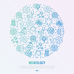 Neurology concept in circle with thin line icons: brain, neuron, neural connections, neurologist, magnifier. Vector illustration for medical survey or report.