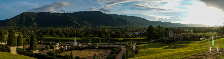 Obraz premium panorama mountain view with blue sky and cloud in the evening.