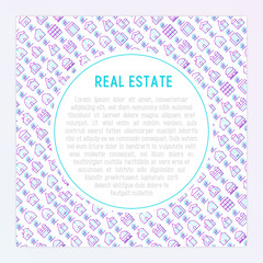 Real estate concept with thin line houses and trees. Modern vector illustration for background of banner, web page, print media with place for text.