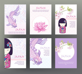 Set of 6 cards or banners with Japanese tradition symbols, flowe