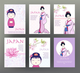 Set of 6 cards or banners with Japanese tradition symbols, flowe
