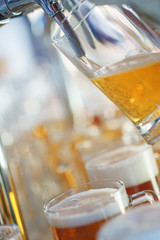 Barman pours a light foamy beer into a large mug during the Oktoberfest party.