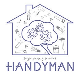 Professional handyman services logo. Silhouette of the house and the silhouette of the brain. Concept of smart handyman services. Set of tools for repair. Flat design.