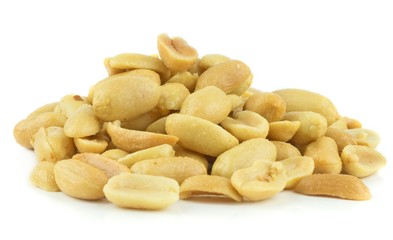 A pile of salted peanuts on a white background