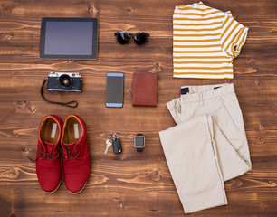 Man fashion set up on wooden background