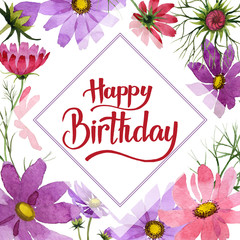 Wildflower kosmeya flower frame in a watercolor style. Full name of the plant: kosmeya. Aquarelle wild flower for background, texture, wrapper pattern, frame or border.