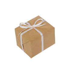 wrapped brown present box with white ribbon bow, isolated on white