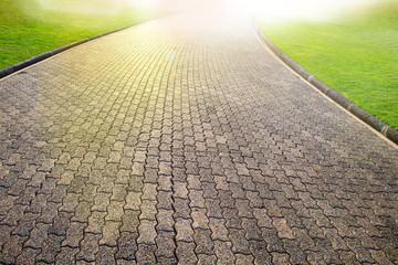 Brick octagona  walkway and green grass lawn in perspective view