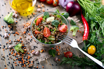 Grain salad with lentils and veggies, healthy food, vegetarian and vegan snack, clean eating, diet