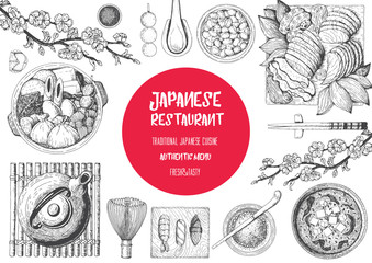 Japan food menu restaurant. Asian food poster with sashimi, miso soup, oden, natto, matcha tea, and sushi. Top view frame vector illustration.