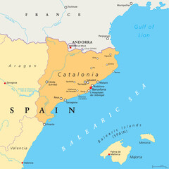 Catalonia political map with capital Barcelona, borders and important cities. Autonomous community of Spain on the northeastern extremity of Iberian Peninsula. English labeling. Illustration. Vector.