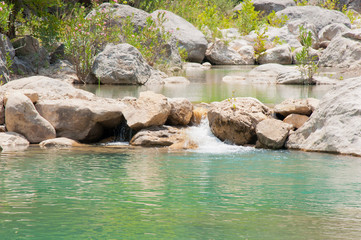 Blue mountain lake, grey stones, green bushes in park
