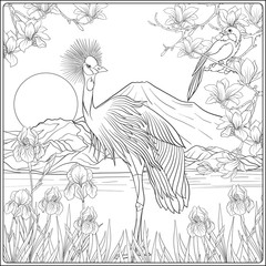 Fototapeta premium Japanese Landscape with Mount Fuji and tradition flowers and a b