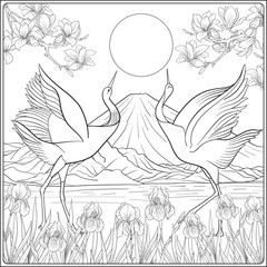 Japanese Landscape with Mount Fuji and tradition flowers and a b