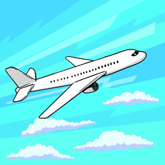 Naklejka premium Plane takes off pop art style. Floating in clouds airplane vector illustration in comic style. EPS 10.