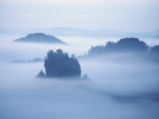 Misty view into beautiful valley of Saxony Switzerland. Sandstone peaks increased from heavy fog.